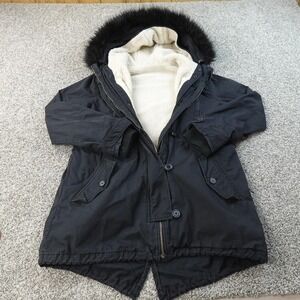 Gap Coat Womens L Black Lined Military Fishtail Parka Faux Fur Hood Jacket Warm